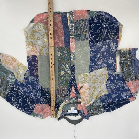 Bunulu Women's XL Mixed Print Boho Peasant Smocked Beaded Tie Front Blouse Sheer - Picture 13 of 13